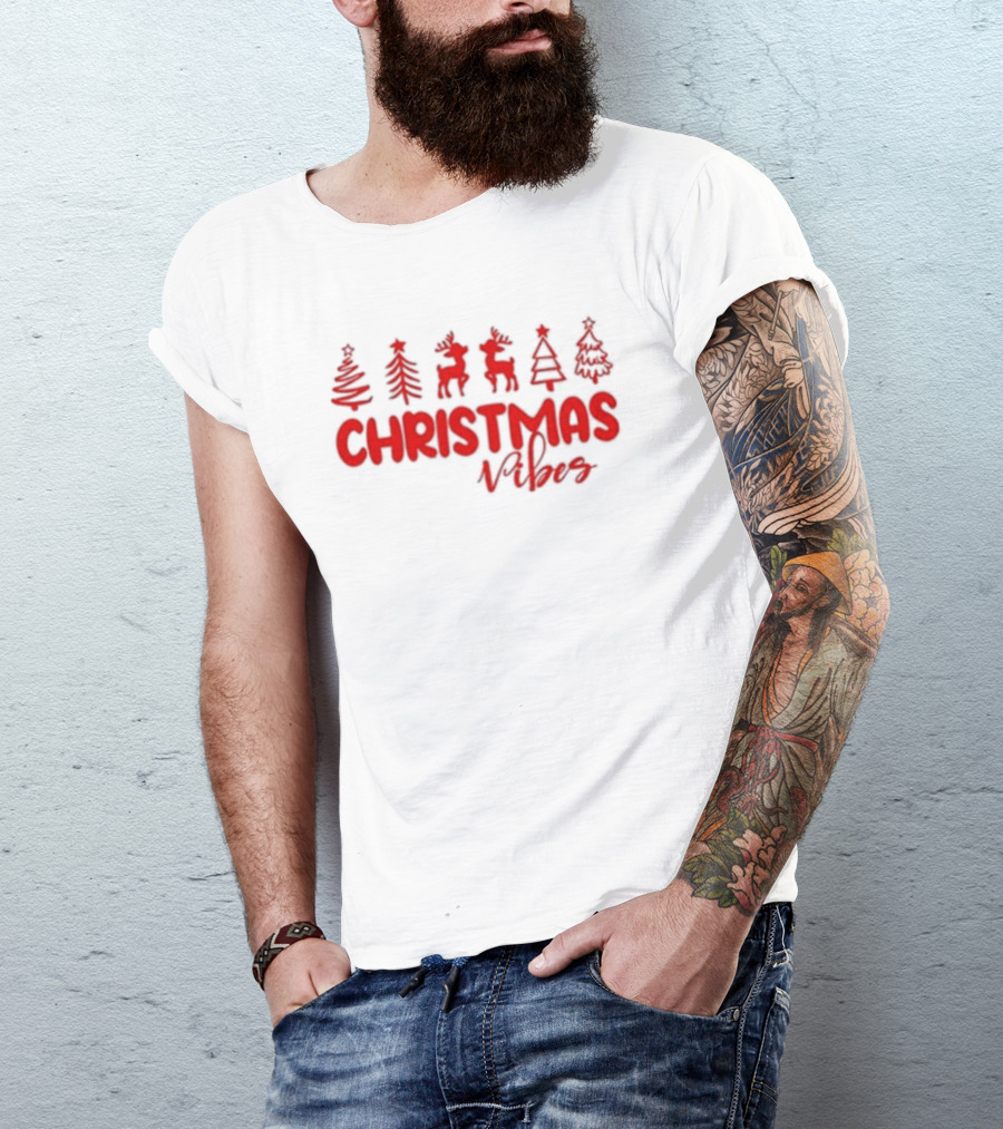 Christmas Vibes Festive Trees And Reindeer T-Shirt