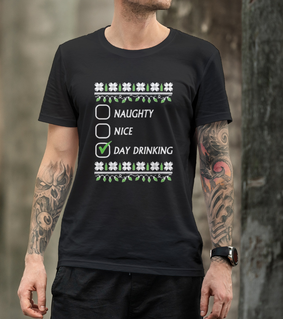 Naughty Nice Day Drinking Christmas Floral Checklist T-Shirt