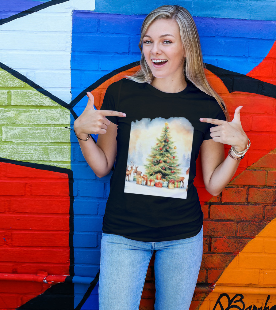 Watercolor Christmas Tree With Reindeer And Presents Scene T-Shirt