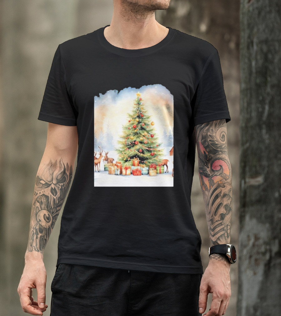 Watercolor Christmas Tree With Reindeer And Presents Scene T-Shirt