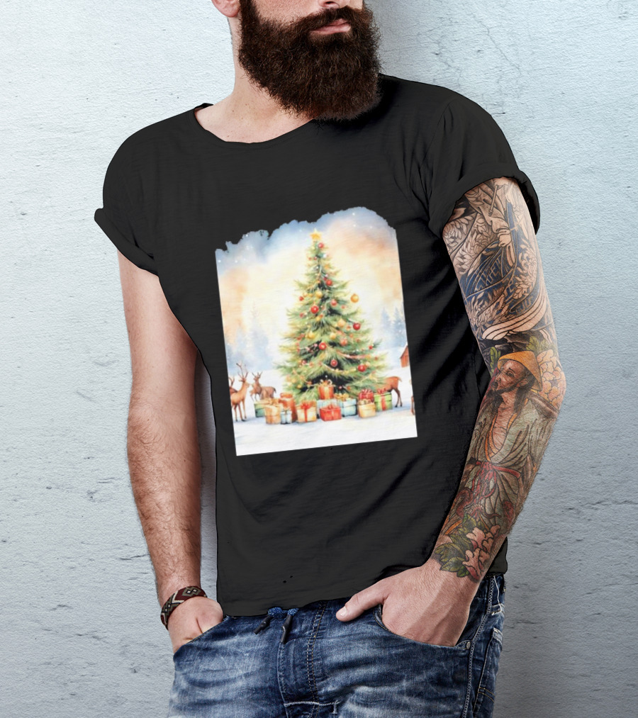 Watercolor Christmas Tree With Reindeer And Presents Scene T-Shirt