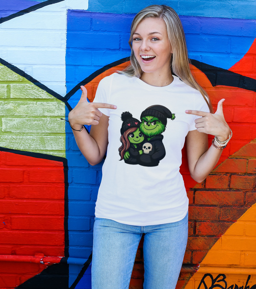 Cute Grinch And Girlfriend In Black Beanies With Skull Hoodie And Heart Details T-Shirt