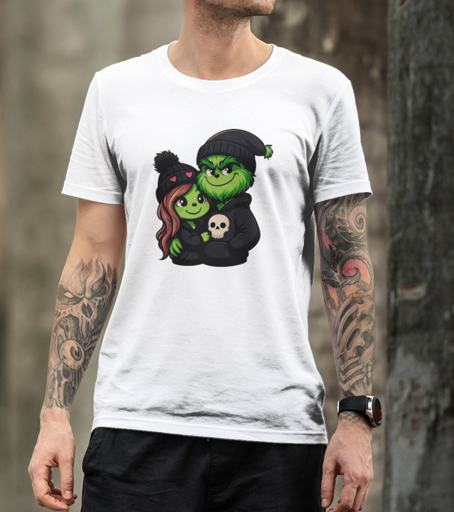 Cute Grinch And Girlfriend In Black Beanies With Skull Hoodie And Heart Details T-Shirt