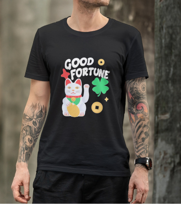 Good Fortune Cat With Clover And Coins T-Shirt