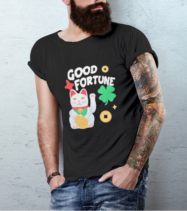Good Fortune Cat With Clover And Coins T-Shirt