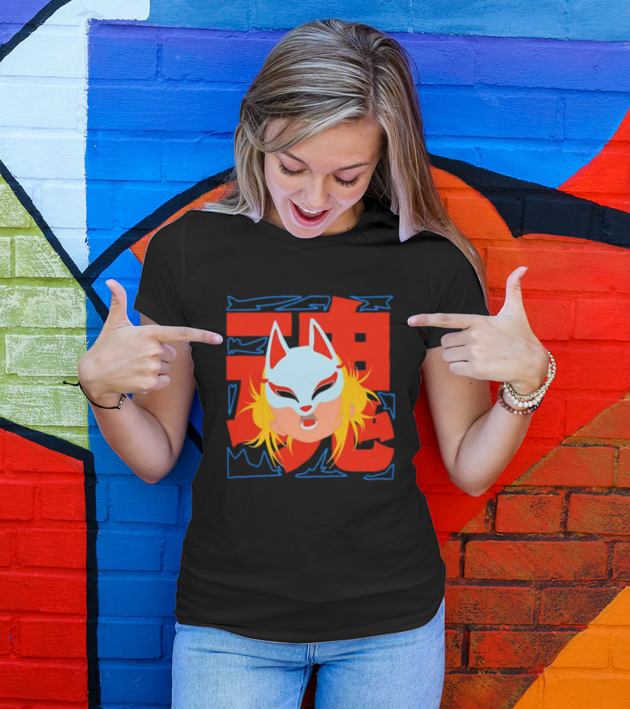 Kitsune Catori Mask With Red Kanji And Blond Hair T-Shirt