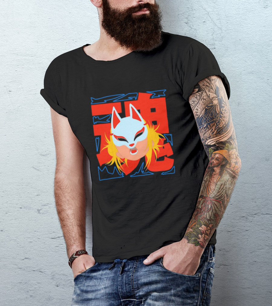 Kitsune Catori Mask With Red Kanji And Blond Hair T-Shirt