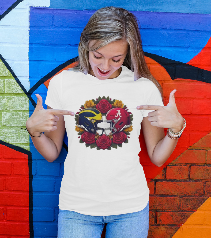 Rose Bowl Game Michigan Wolverines Versus Alabama Crimson Tide Football Helmets With Roses T-Shirt