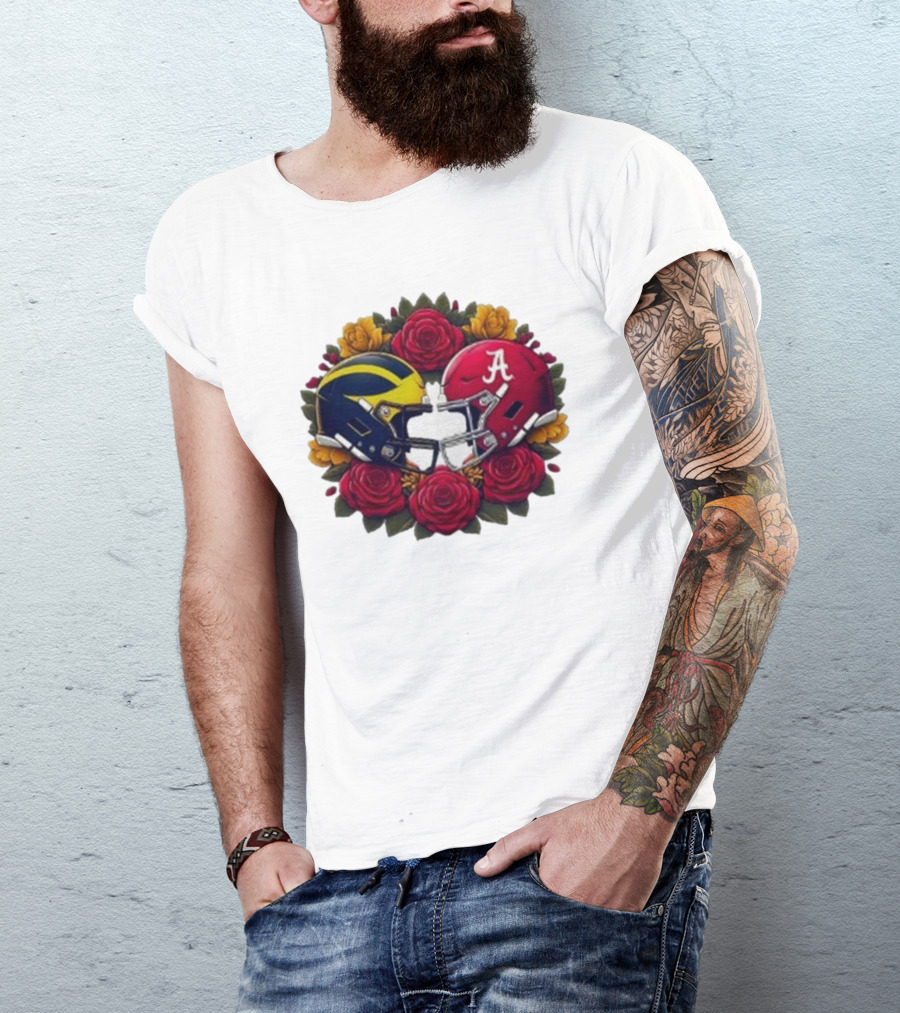 Rose Bowl Game Michigan Wolverines Versus Alabama Crimson Tide Football Helmets With Roses T-Shirt