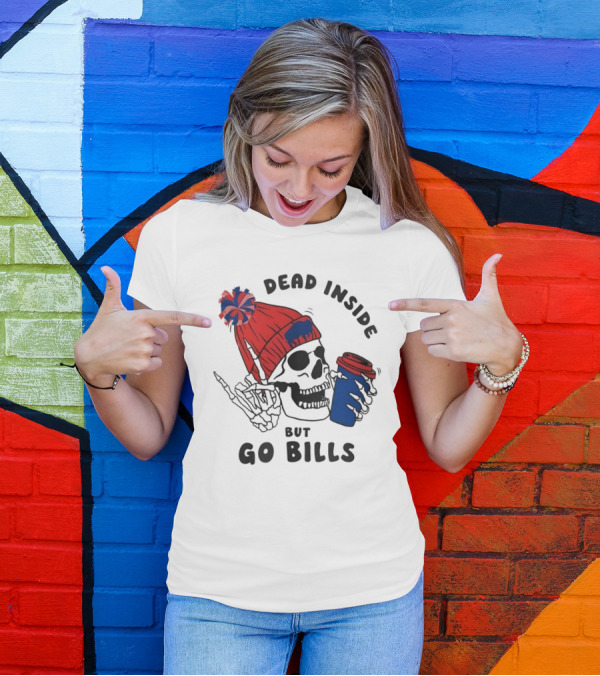 Dead Inside But Go Bills Skull Wearing Red Beanie Drinking Coffee T-Shirt