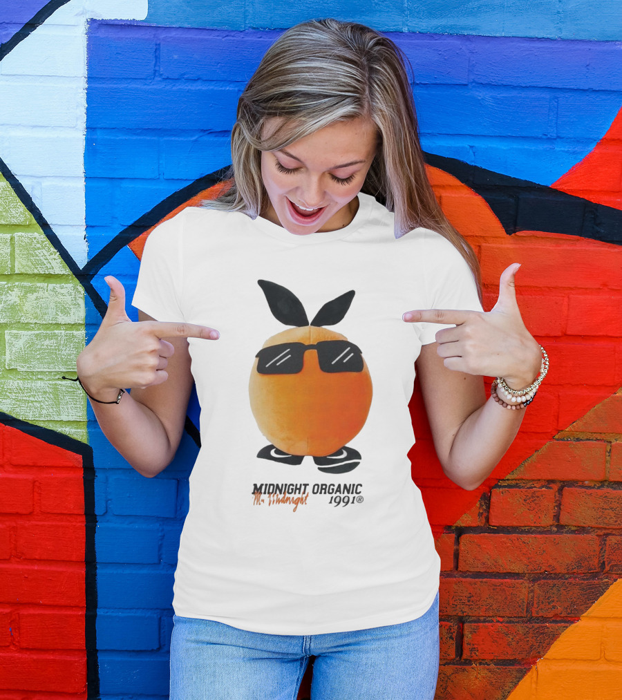 Midnight Organic Mr. Midnight 1991 Orange Character With Sunglasses T-Shirt