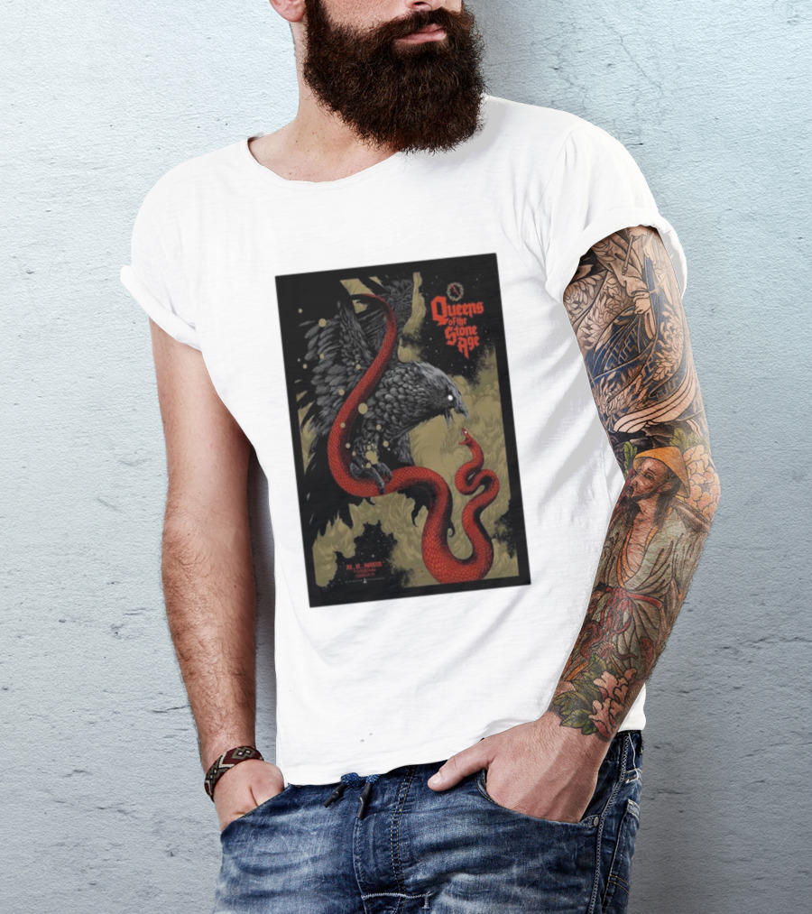 Queens Of The Stone Age R Mederos Art With Red Snake And Black Bird December 9 T-Shirt