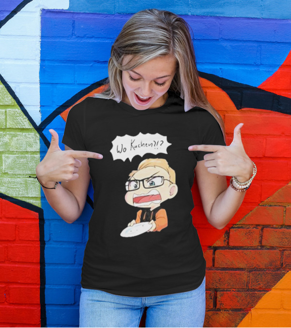 Wo Kuchen?? Cartoon Character With Glasses And Empty Plate T-Shirt