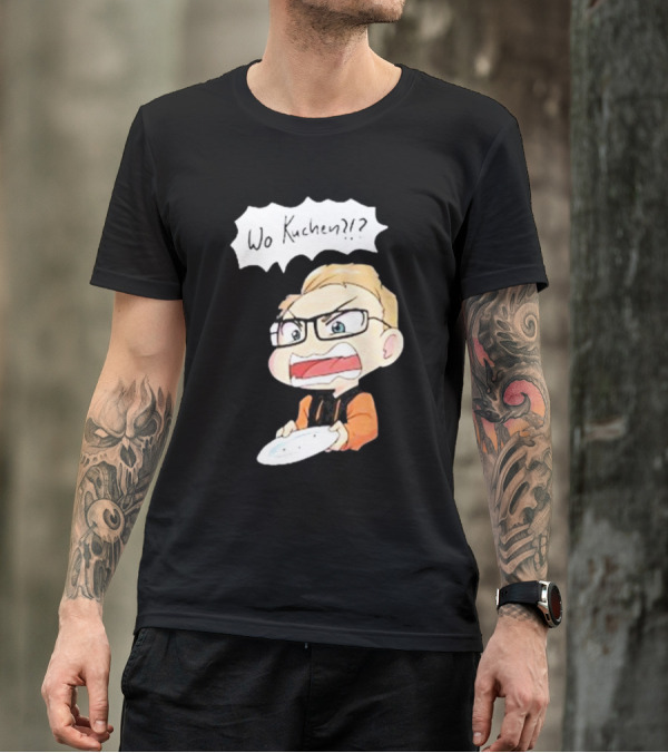 Wo Kuchen?? Cartoon Character With Glasses And Empty Plate T-Shirt