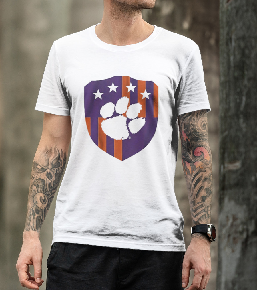 Clemson United Paw Print Shield With Four Stars Orange And Purple T-Shirt
