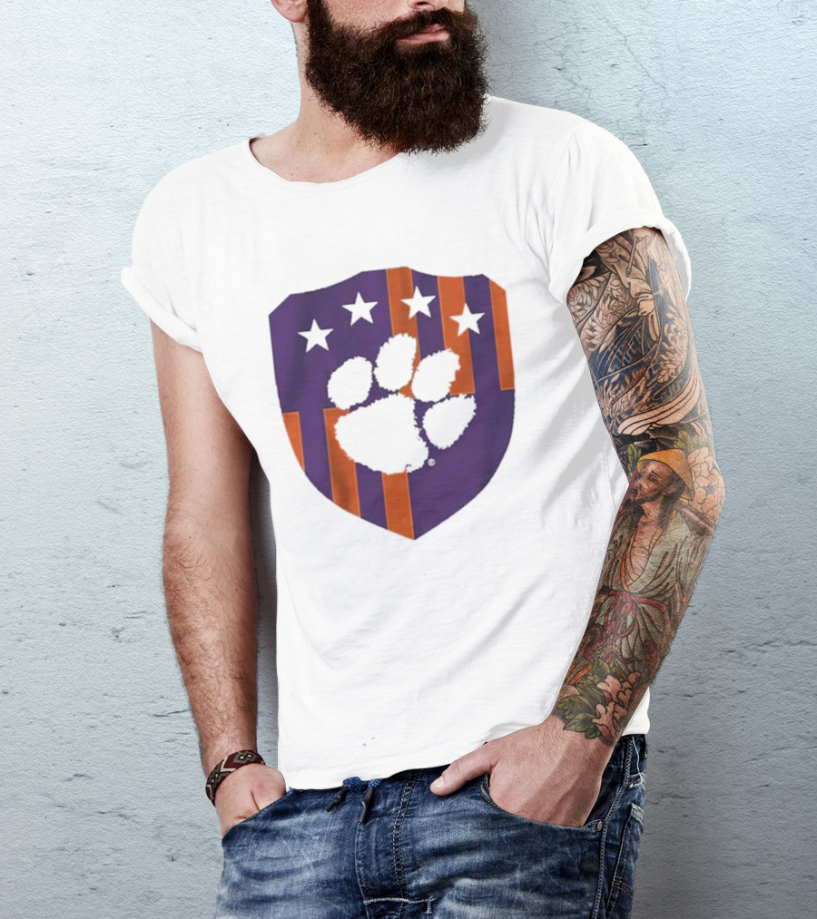 Clemson United Paw Print Shield With Four Stars Orange And Purple T-Shirt