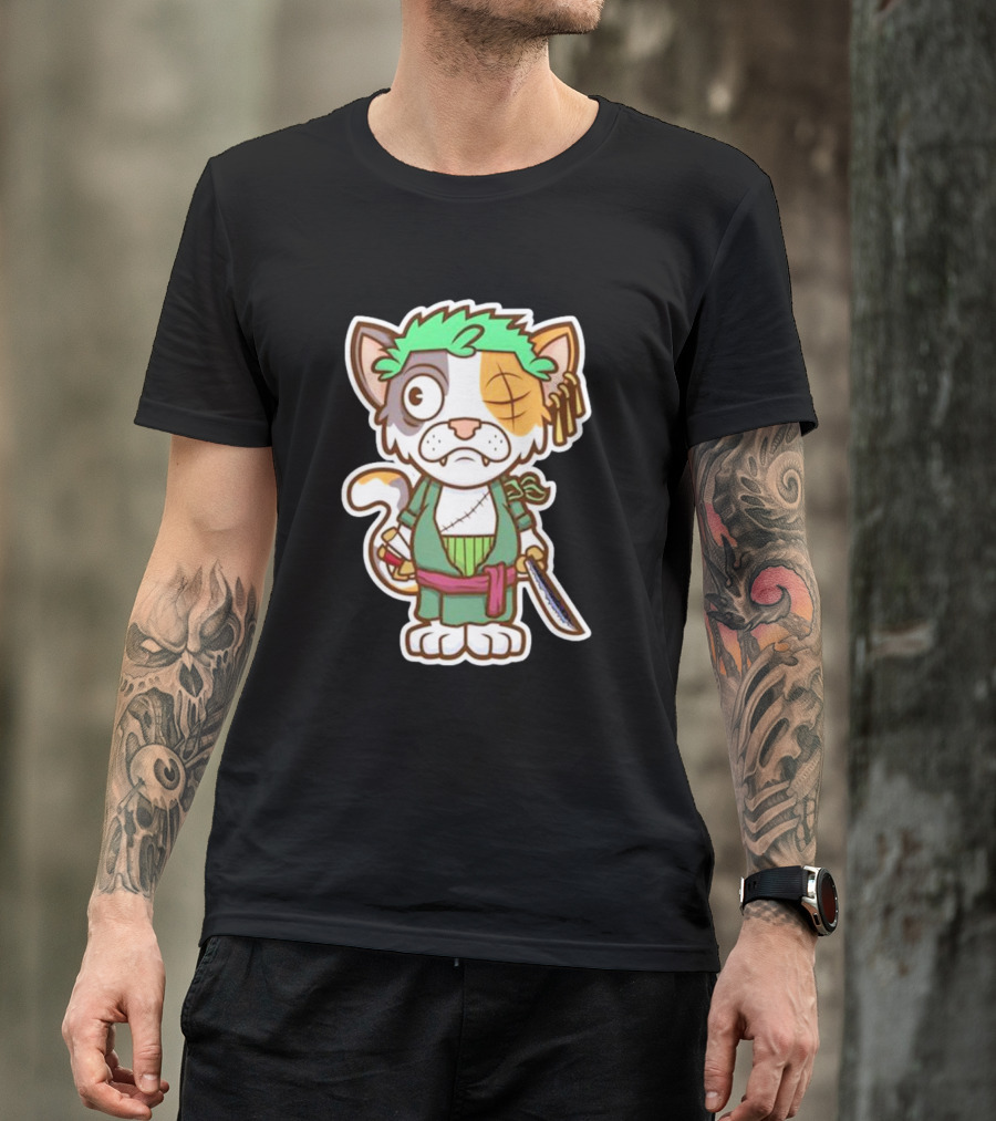 Roronoa Lingling Cat Pirate Anime Character Sword Green Hair Eye Patch T-Shirt