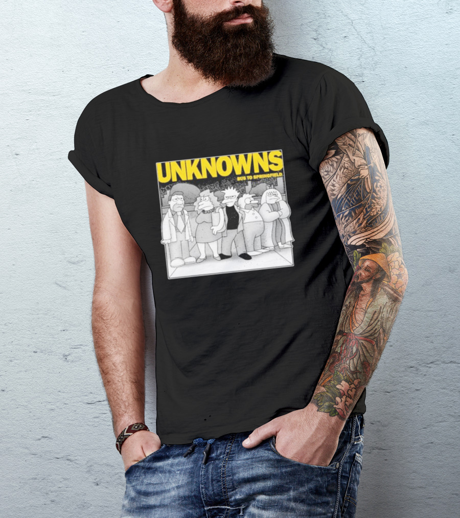 Unknowns Bus To Springfield Cartoon Characters In Black And White Scene T-Shirt
