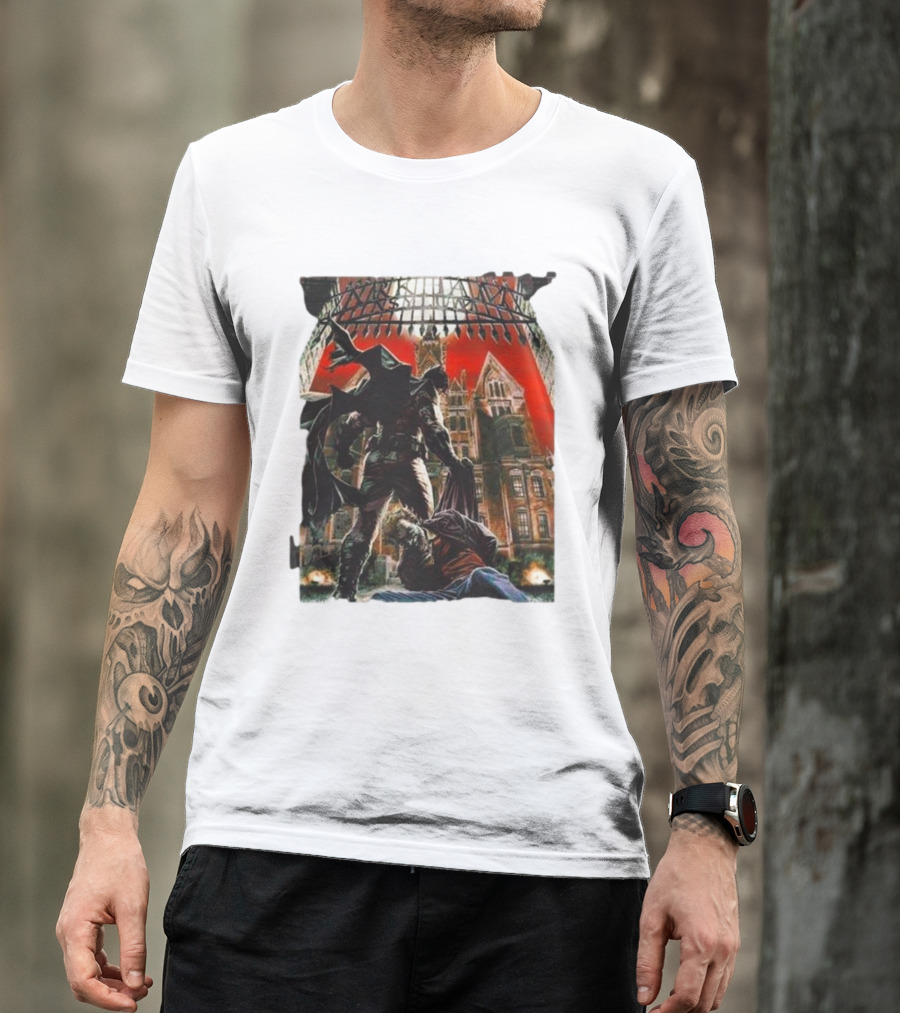 Batman Arkham Asylum Gothic Gate Dynamic Red Background Scene T-Shirt