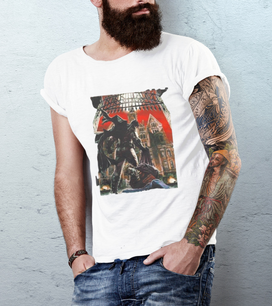 Batman Arkham Asylum Gothic Gate Dynamic Red Background Scene T-Shirt