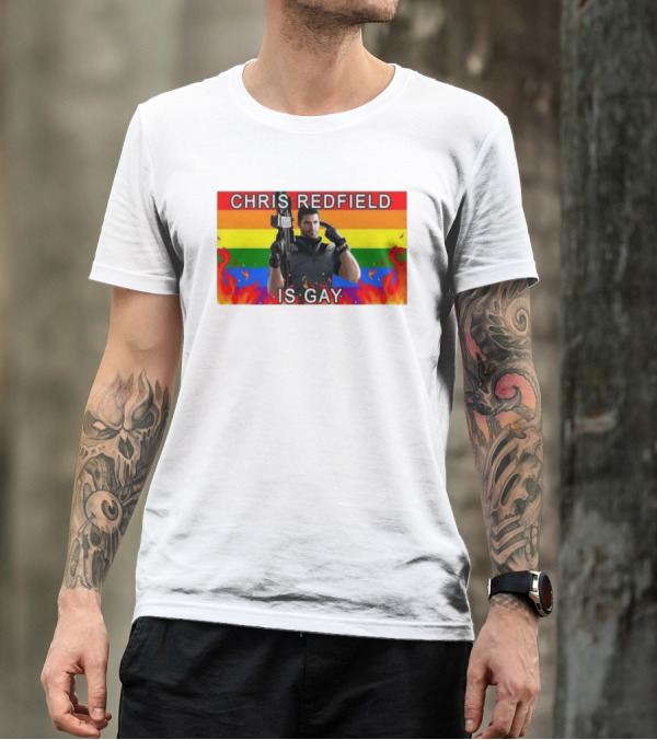Chris Redfield Is Gay Rainbow Background Flames T-Shirt