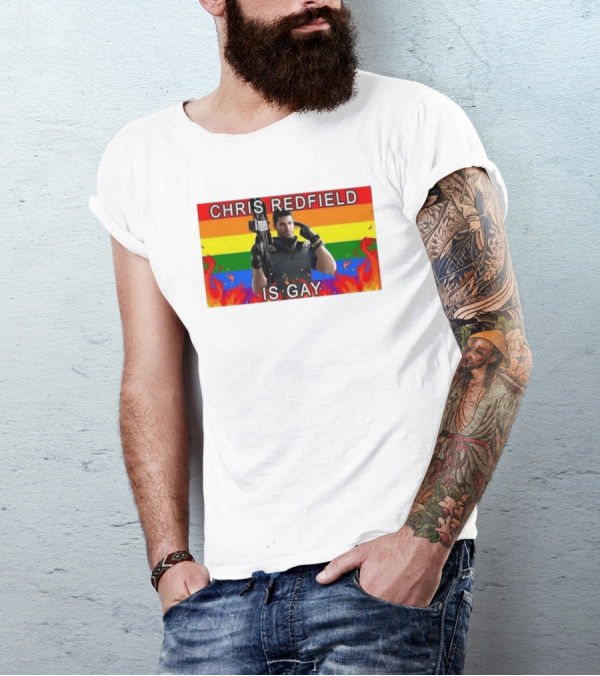 Chris Redfield Is Gay Rainbow Background Flames T-Shirt