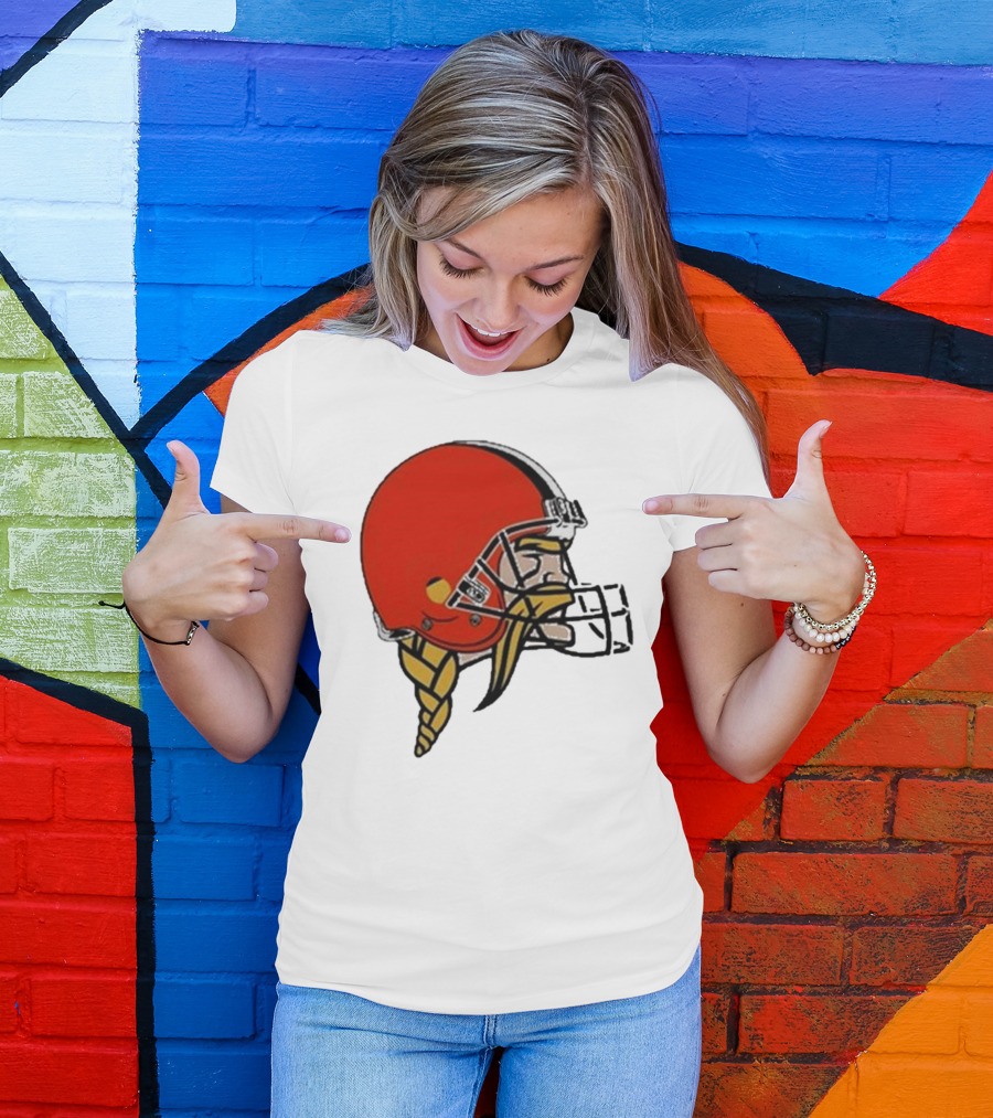 Quality Jay Cuda Browns Vikings Dual Logo Helmet T-Shirt