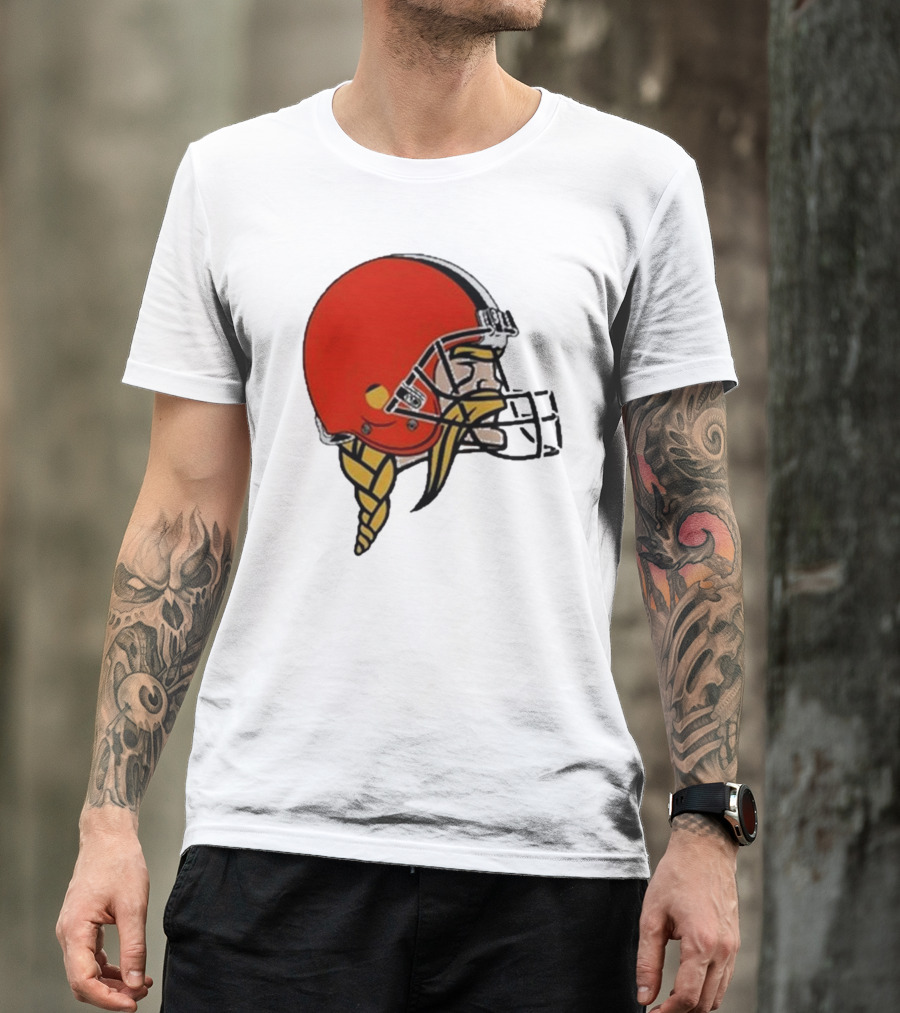 Quality Jay Cuda Browns Vikings Dual Logo Helmet T-Shirt