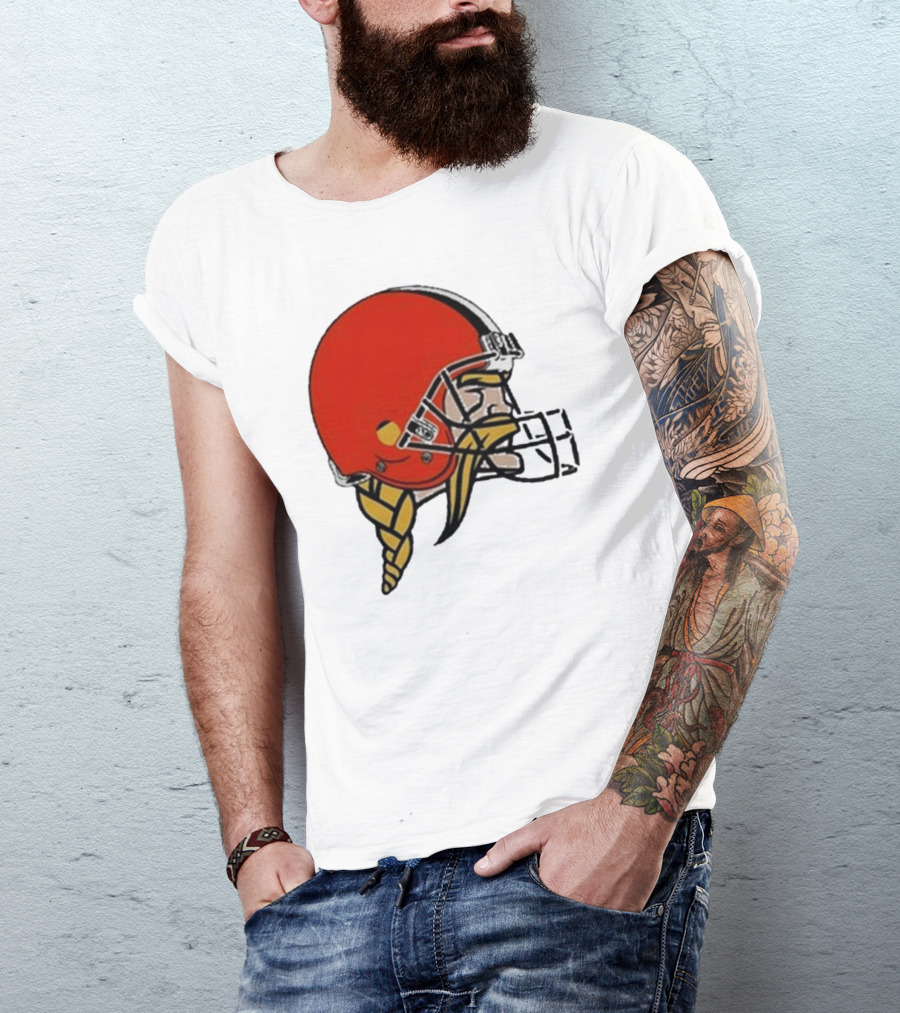 Quality Jay Cuda Browns Vikings Dual Logo Helmet T-Shirt