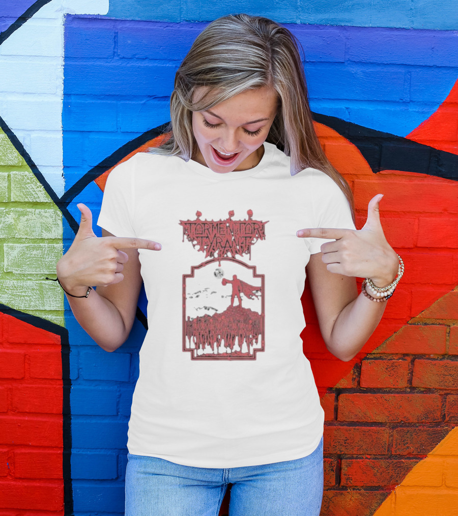 Tormentor Tyrant Red Figure Standing Amidst Crowd Under Moon T-Shirt