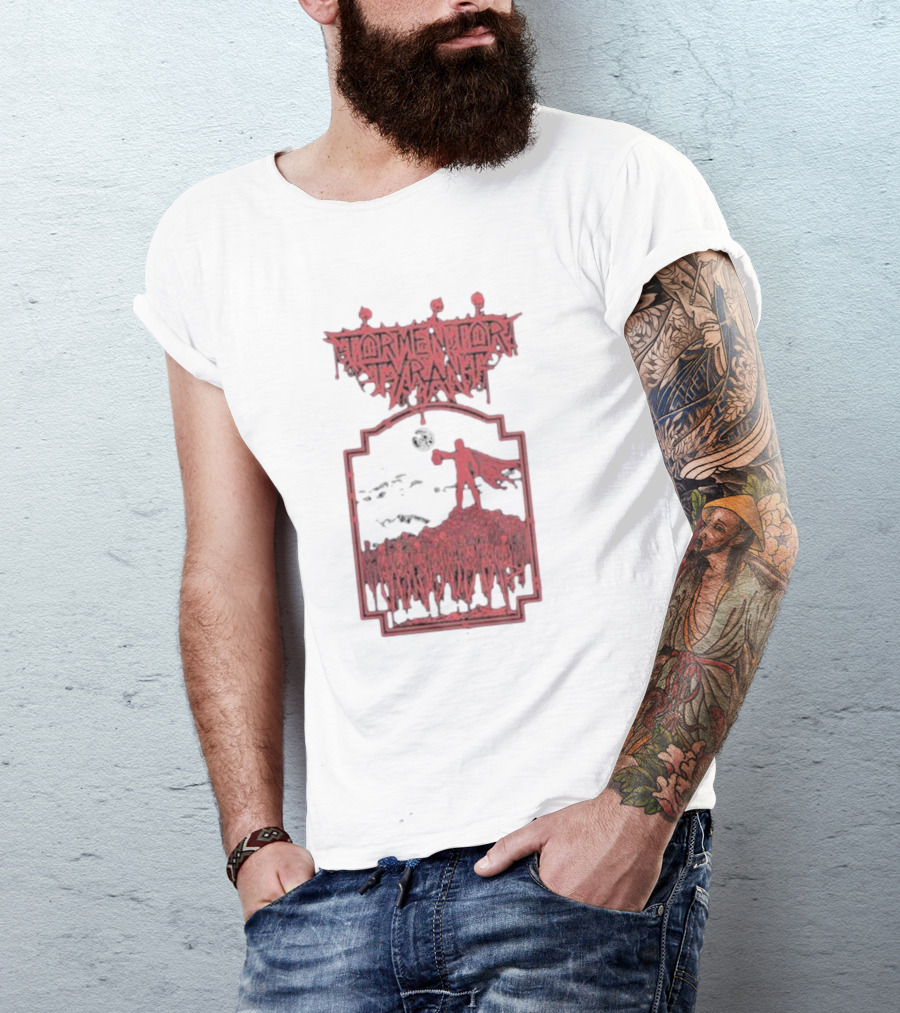 Tormentor Tyrant Red Figure Standing Amidst Crowd Under Moon T-Shirt