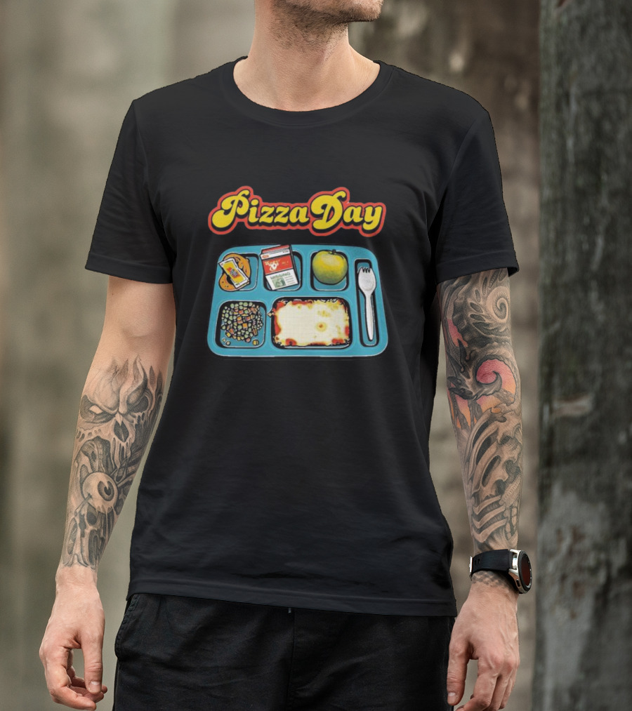 S7s Pizza Day Cafeteria Lunch Tray With Pizza, Milk, Apple, Cookies, Fork, And Vegetables T-Shirt