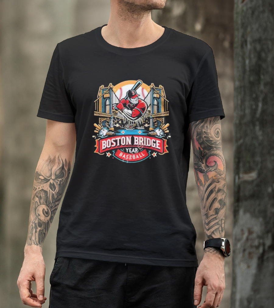 Shawn Palmerdesigns Boston Bridge Baseball Player Crossing Iconic Structure T-Shirt