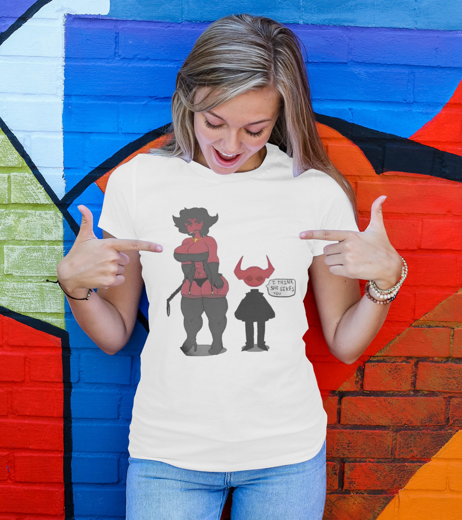 Thewboy I Think She Likes You Dark Humorous Cartoon Characters T-Shirt