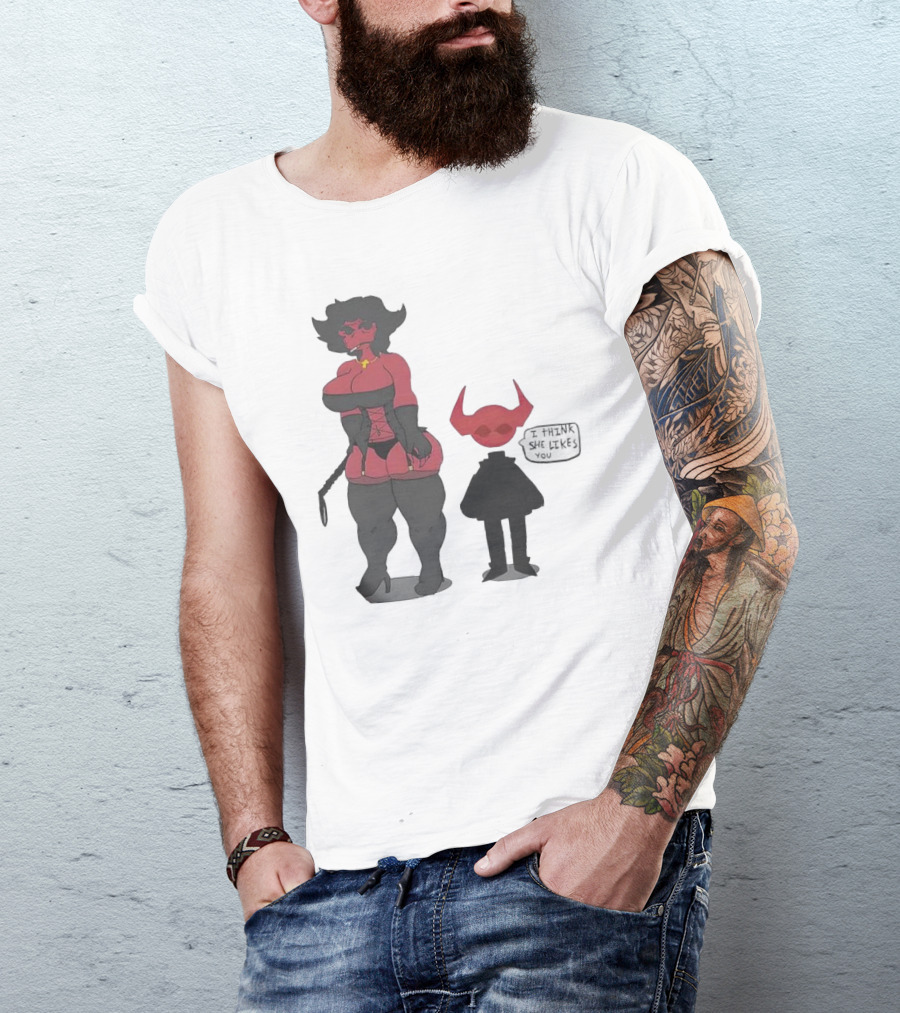 Thewboy I Think She Likes You Dark Humorous Cartoon Characters T-Shirt