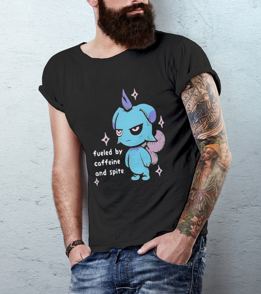 Palworld Fueled By Caffeine And Spite Blue Creature With Pink Stars T-Shirt