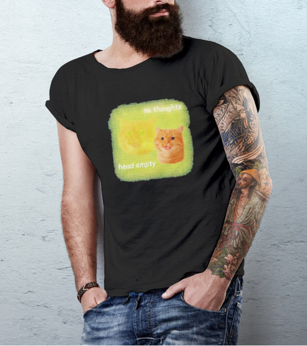 No Thoughts Head Empty Cat Meme Green Background T-Shirt