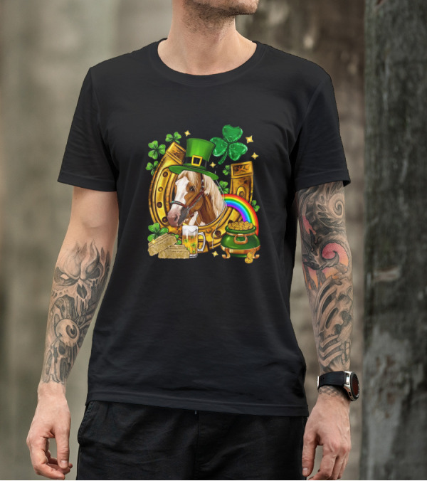Horse Luck Gold Leprechaun Hat Shamrock Horseshoe Pot Of Gold Rainbow T-Shirt