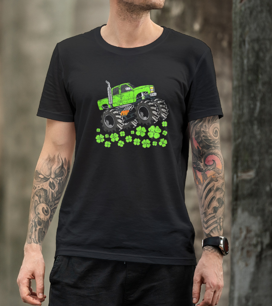Kids Boys St Patricks Day Toddler Lucky Green Monster Truck With Shamrocks T-Shirt