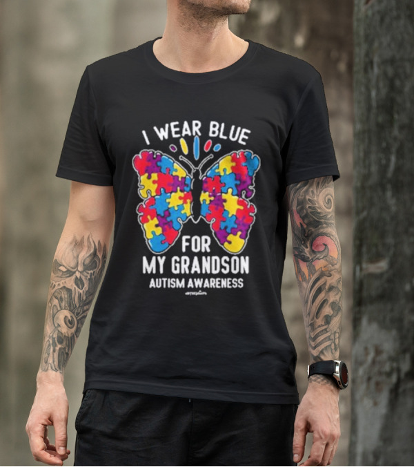 I Wear Blue Butterfly Puzzle My Grandson Autism Awareness T-Shirt