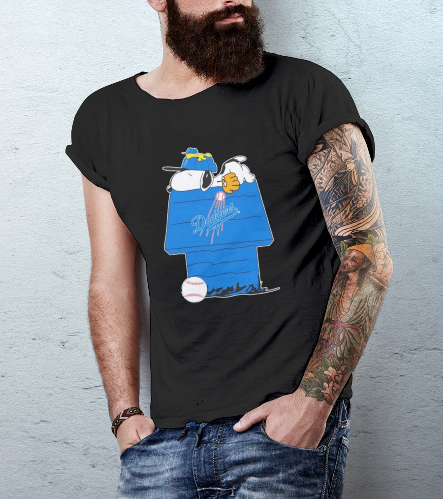 Snoopy And Woodstock Sleeping On Los Angeles Dodgers Doghouse With Baseball T-Shirt