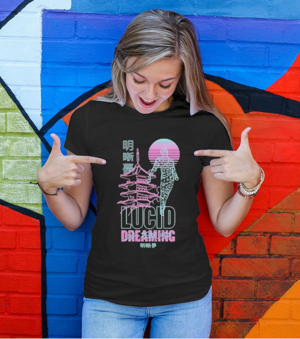 Lucid Dreaming Tokyo Japan Neon Pagoda And Wireframe Figure T-Shirt
