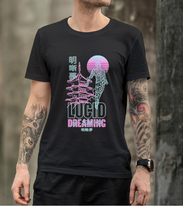 Lucid Dreaming Tokyo Japan Neon Pagoda And Wireframe Figure T-Shirt