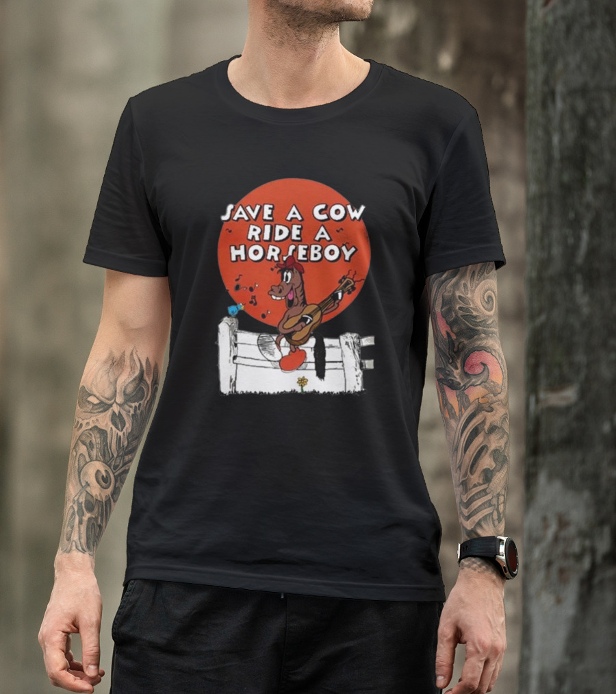 Save A Cow Ride A Horseboy Cartoon Horse Playing Guitar T-Shirt