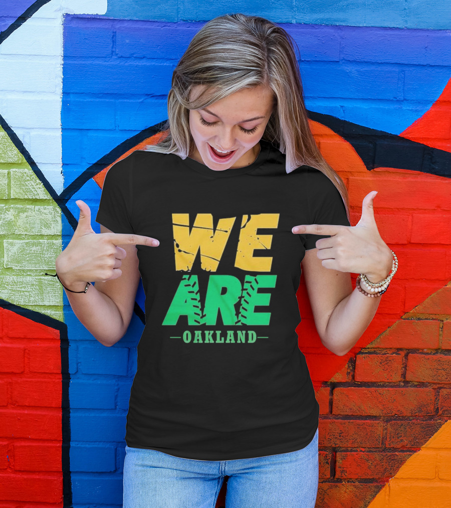 WE ARE OAKLAND Yellow Green Text Baseball Seam T-Shirt