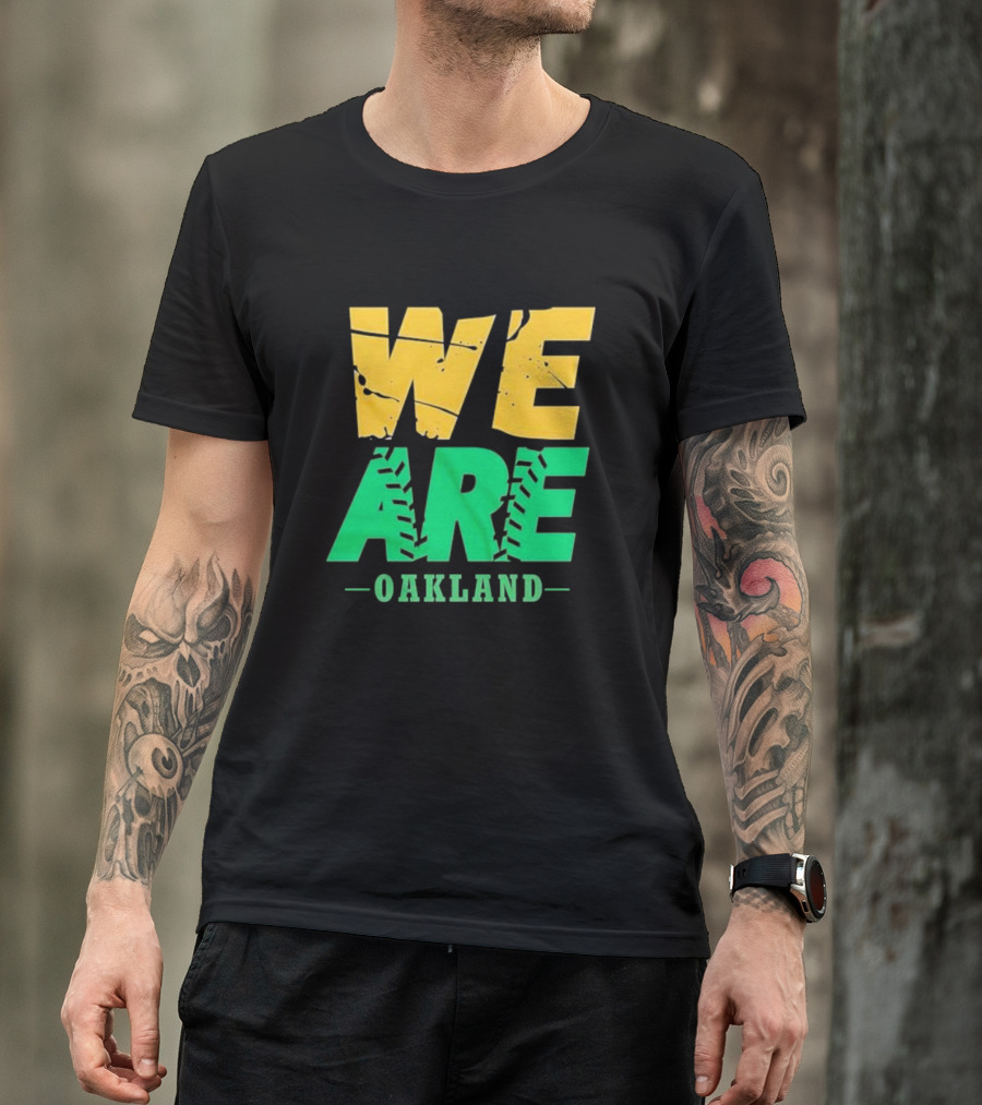 WE ARE OAKLAND Yellow Green Text Baseball Seam T-Shirt