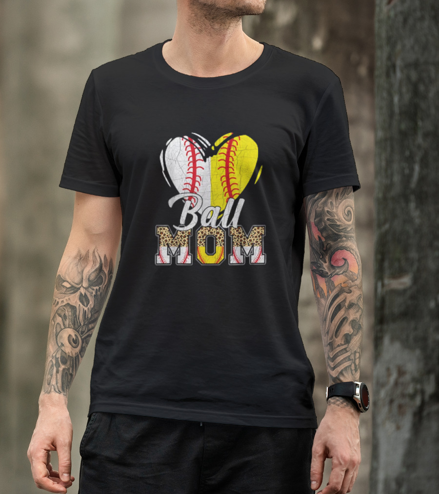 Ball Mom Heart Leopard Baseball Softball Vintage Women T-Shirt