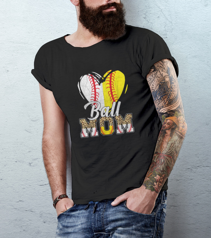 Ball Mom Heart Leopard Baseball Softball Vintage Women T-Shirt