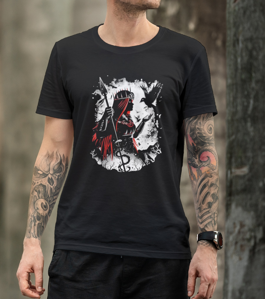 Goddess Of Fate And War With Spear And Raven T-Shirt