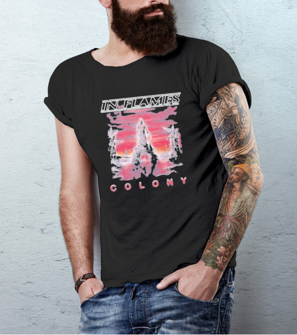 In Flames Colony Silhouette And Abstract Pink Brushstrokes T-Shirt